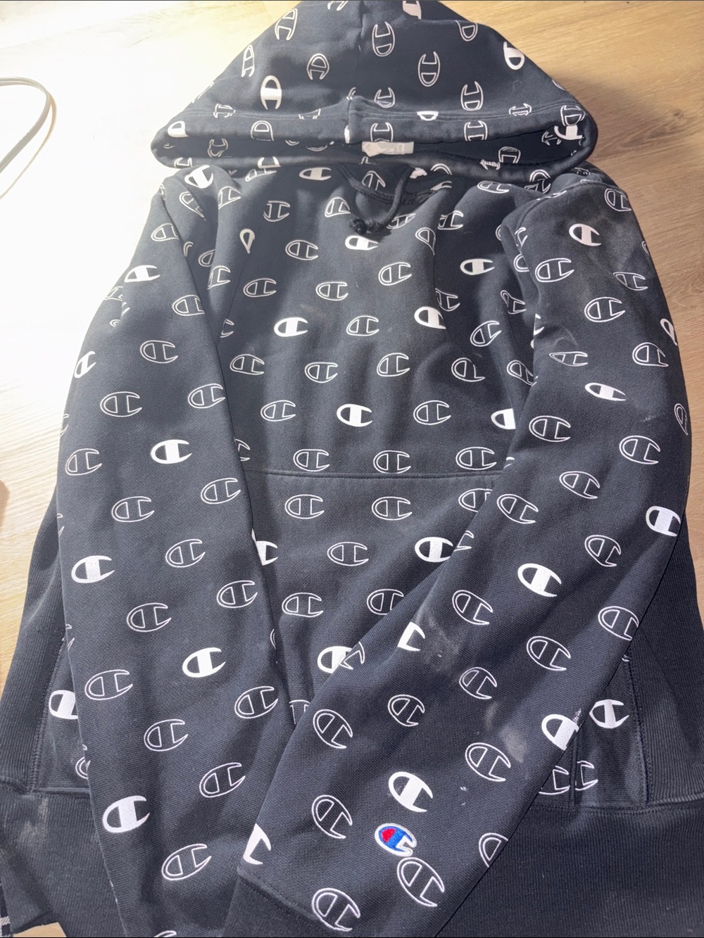 Champion Black Hoodie with All-Over White Logo Print